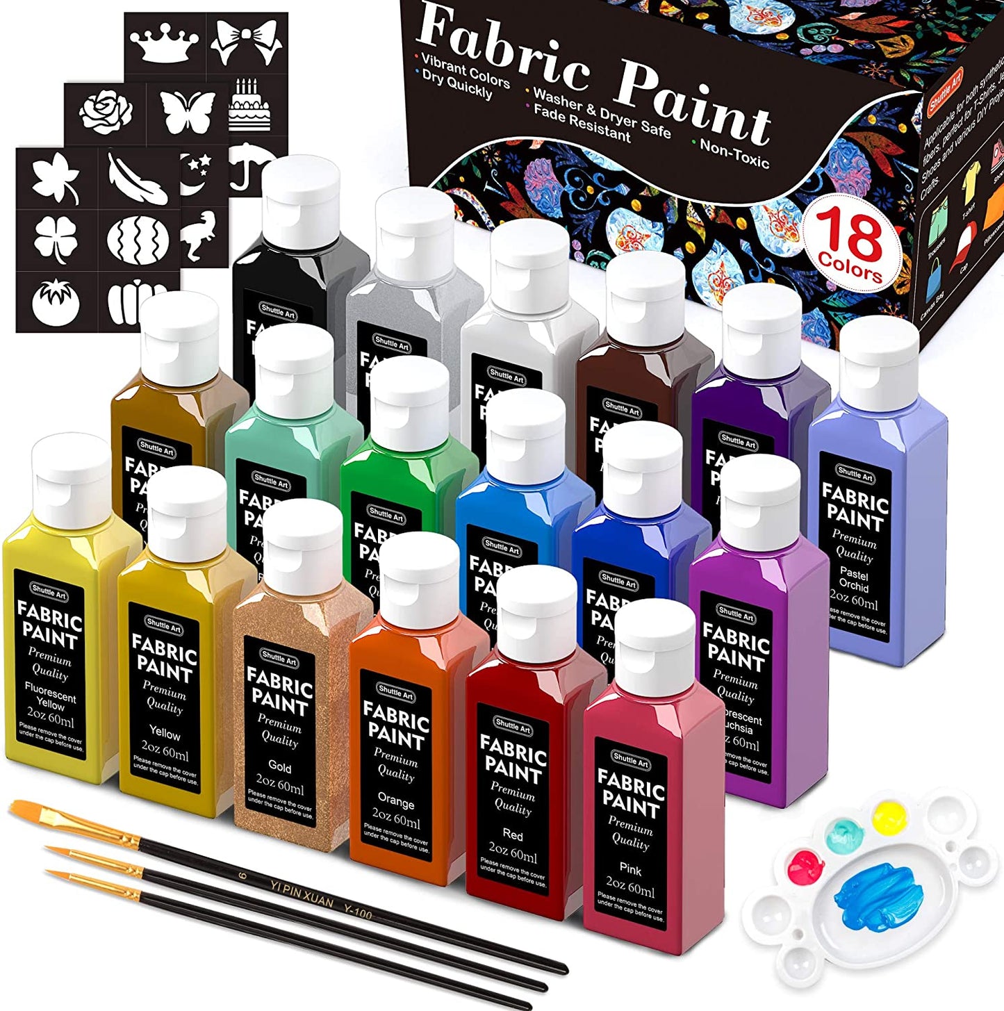 Fabric Paint, 60ml/2oz bottle - Set of 18