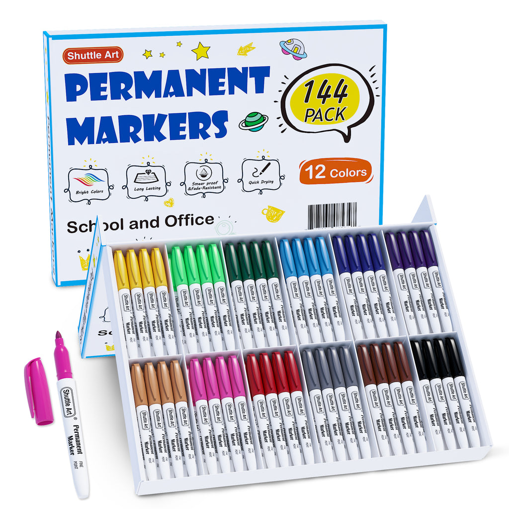 Shuttle Art Permanent Markers, 24 Colors Fine Point Assorted Colors  Permanent Marker Set, Works on Plastic,Wood,Stone,Metal and Glass for  Doodling