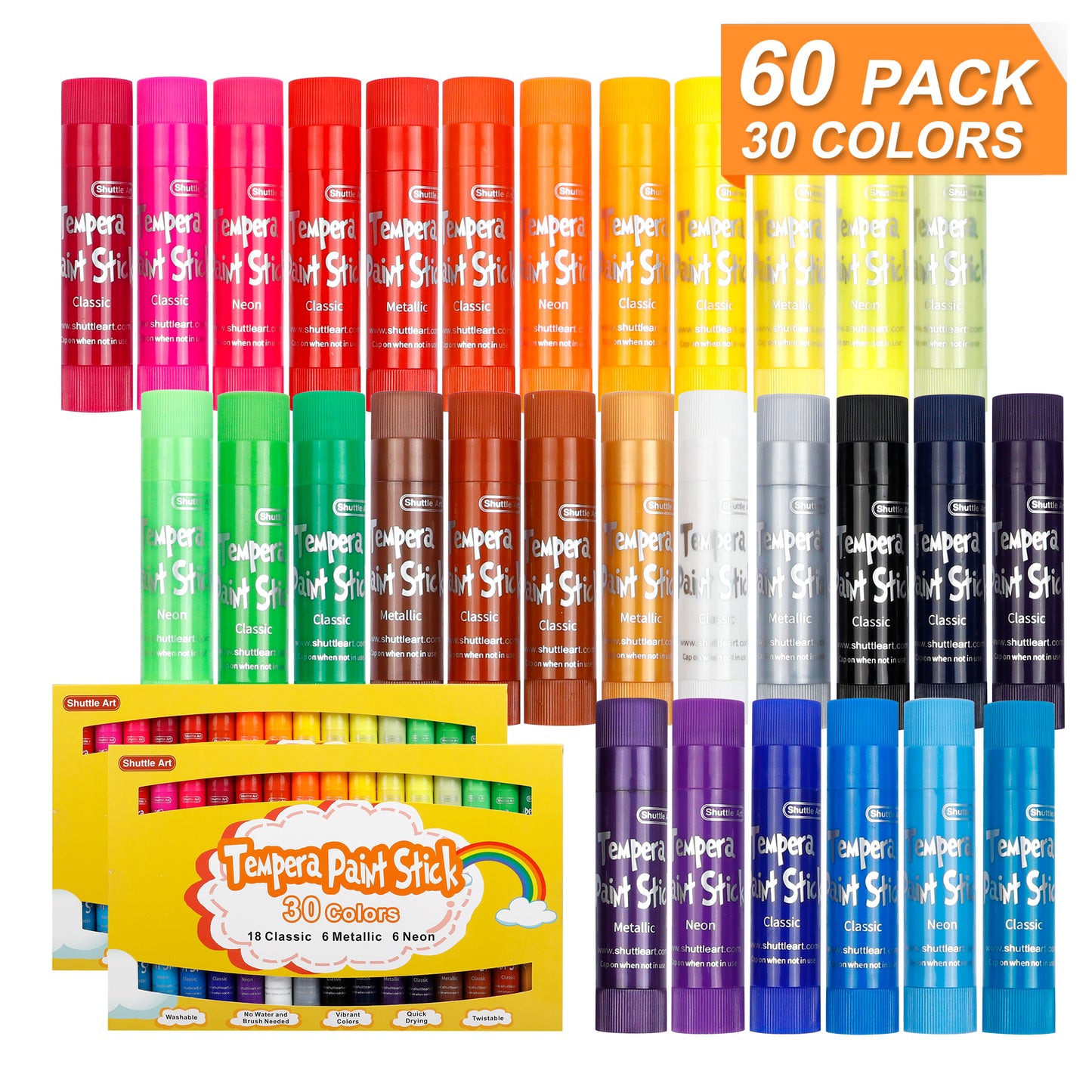 Washable Tempera Paint Sticks, 30 Colors*2 - Set of 60