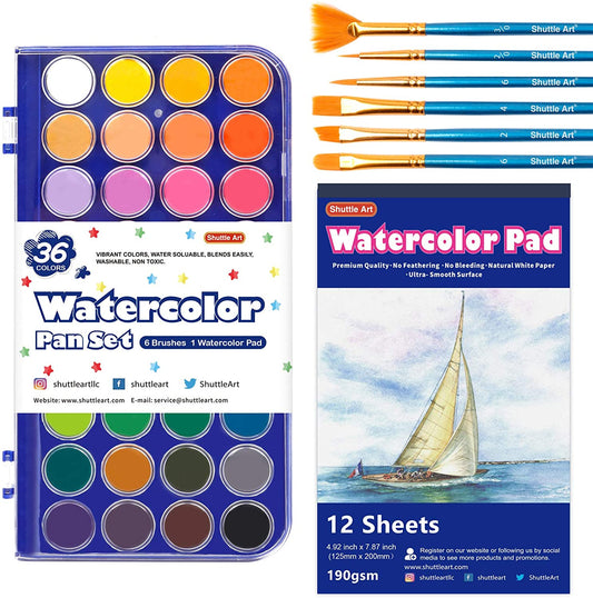 Watercolor Paint, 36 Colors, 6 Brushes, 1 Watercolor Pad - Set of 43