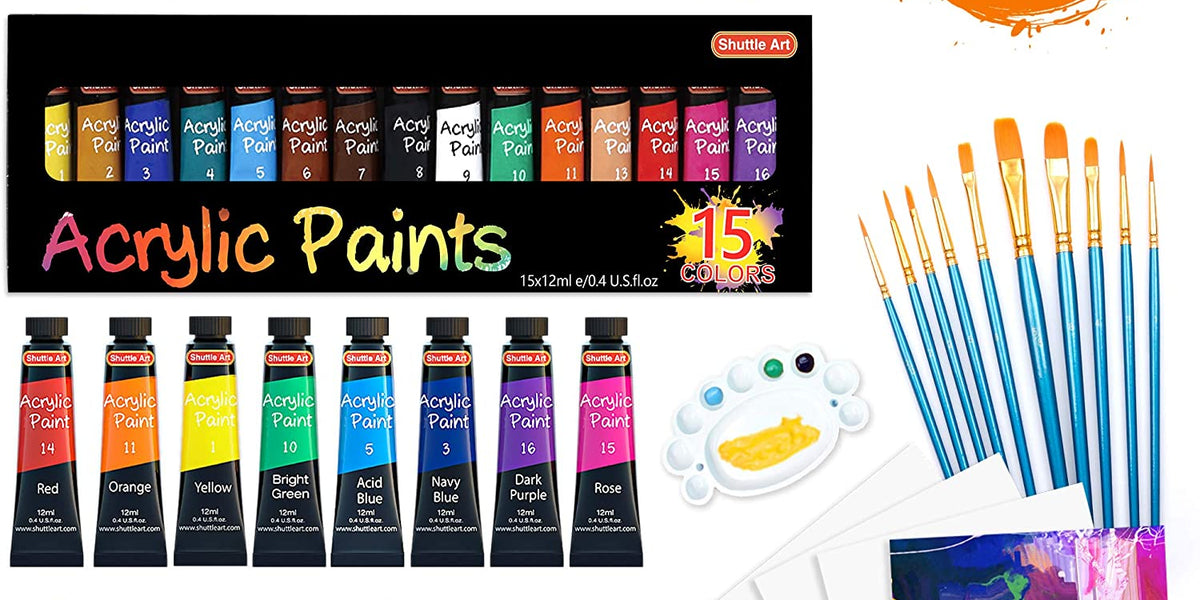 Shuttle Art 48 Pack Acrylic Paint Set, 30 Colors Acrylic Paint (36ml) with  10 Brushes 5 Canvas 1 Paint Knife 1 Palette 1 Art Sponge, Complete Set for