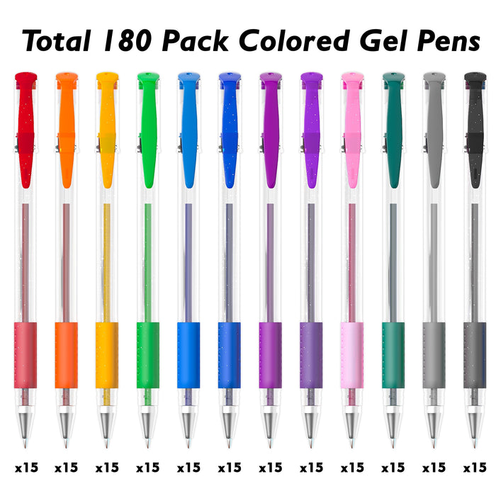 Colored Gel Pen, 12 Assorted Colors - Set of 180