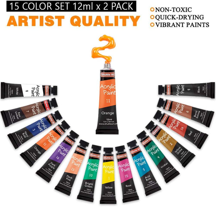 Acrylic Paint, 15 Colors*2 Pack, 10 Brushes - Set of 47