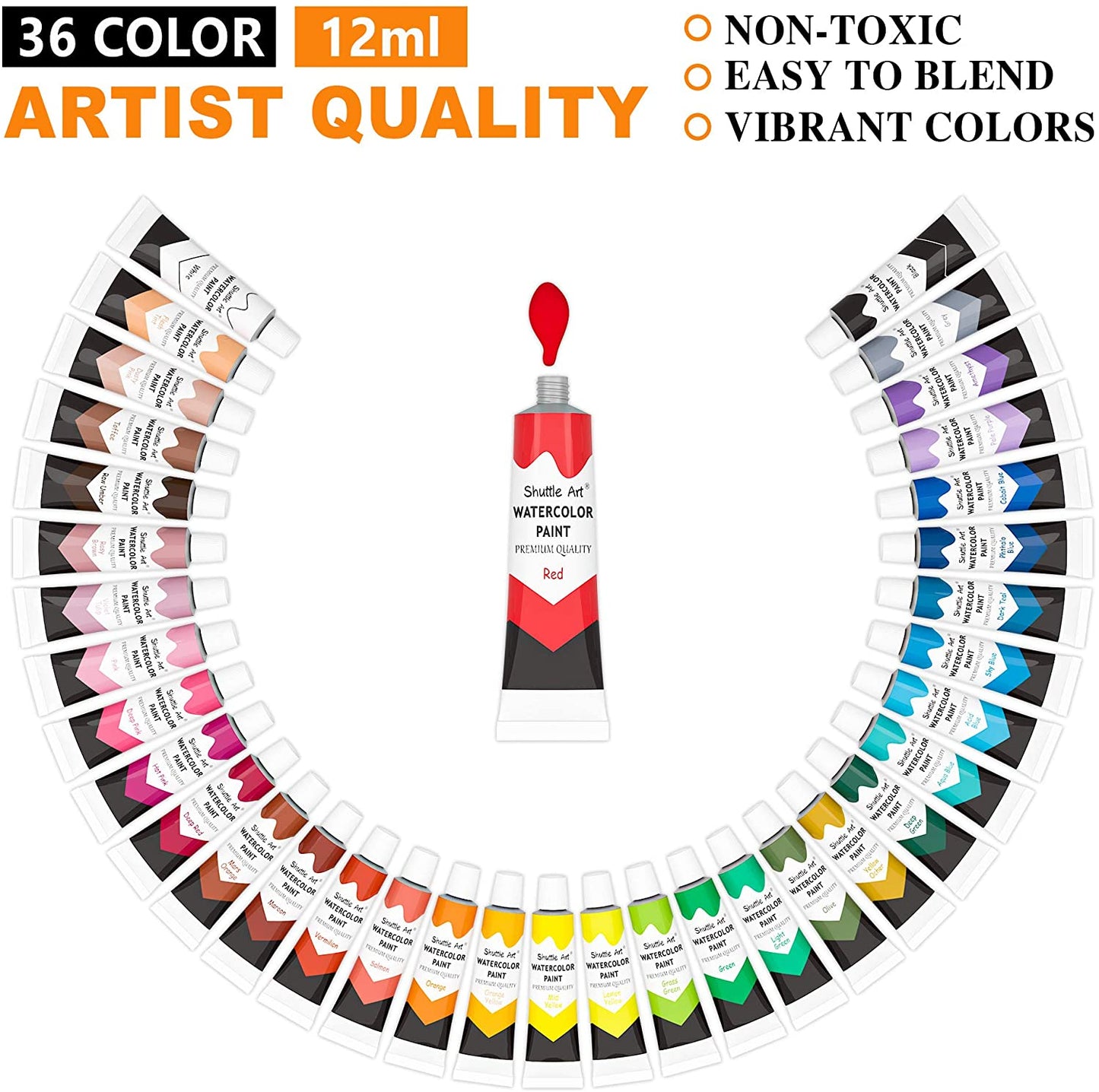 Watercolor Paint, 12ml Tube with 3 Brushes - Set of 36