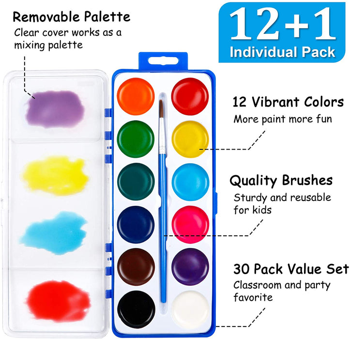 Watercolor Paint Set for Kids - Bulk Set of 12 - Washable Paints in 12 Colors - Perfect