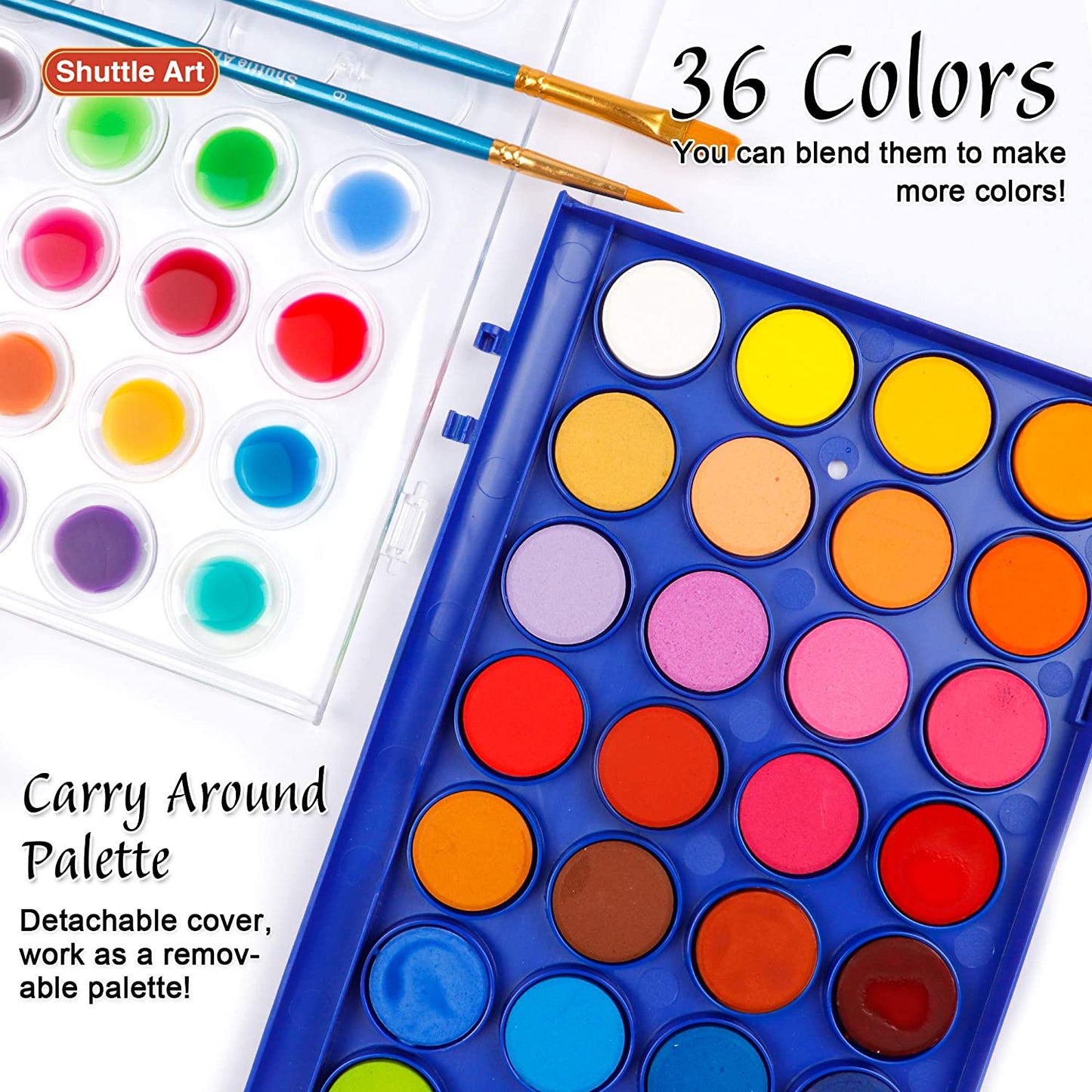 Watercolor Paint, 36 Colors, 6 Brushes, 1 Watercolor Pad - Set of 43