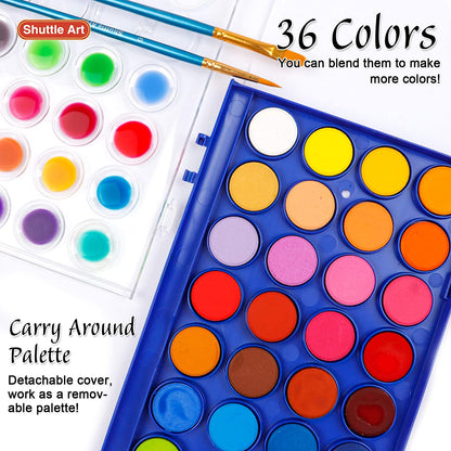 Watercolor Paint, 36 Colors, 6 Brushes, 1 Watercolor Pad - Set of 43