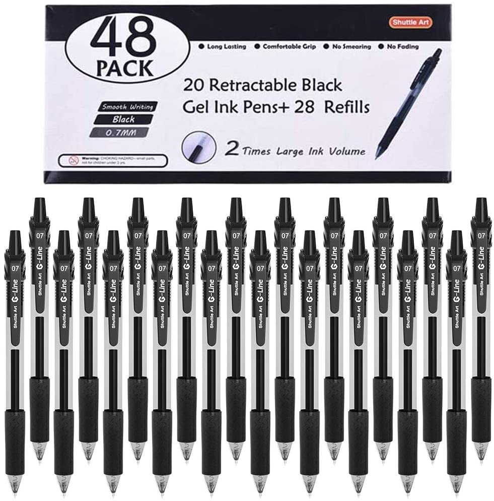 Retractable Black Gel Pens, 20 Gel Pens with 28 Refills - Set of