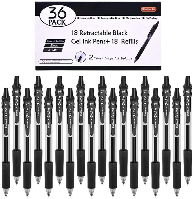 Retractable Black Gel Pens, 18 Gel Pens with 18 Refills - Set of 36 —  Shuttle Art