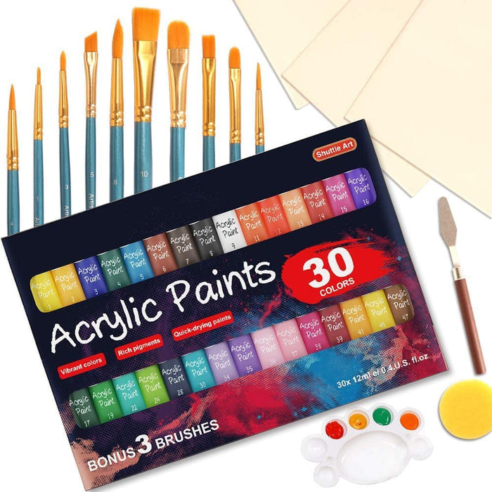 48 Pack Acrylic Paint Set Shuttle Art 30 Colors Acrylic Paint (36ml) with 10 Brushes 5 Canvas 1 Paint Knife 1 Palette 1 Sponge Complete Set for