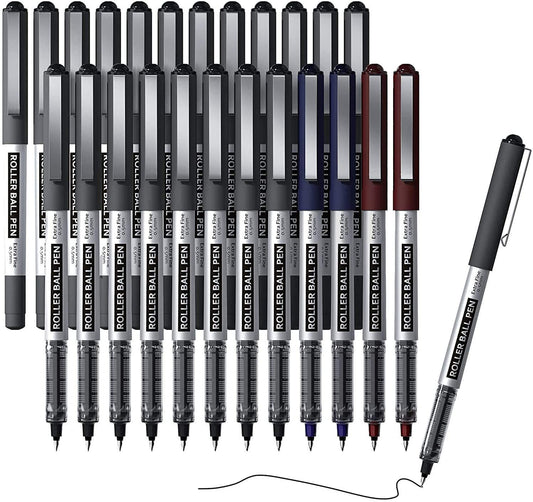 RollerBall Pens, 21 Black 2 Blue 2 Red - Set of 25