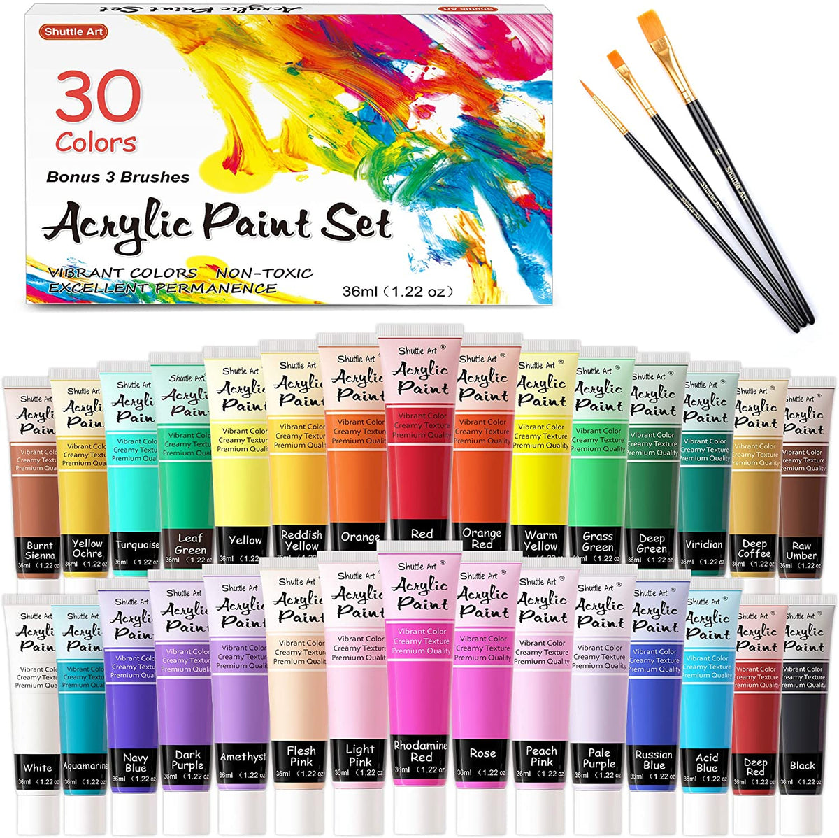 Shuttle Art Acrylic Paint Set, 30 x12ml Tubes Artist Quality Non Toxic Rich  Pigments Colors Great for Kids Adults Professional Painting on Rocks
