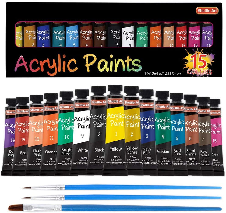 Shuttle Art 46 Pack Acrylic Paint Set, 30 Colors Acrylic Paint with 10  Paint Brushes 3 Painting Canvas 1 Paint Knife Palette Sponge, Complete Gift  Set