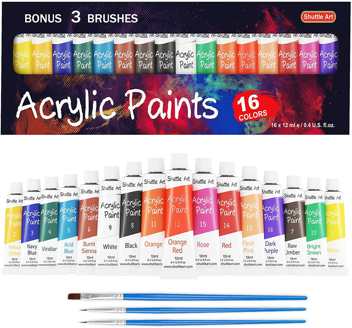 Acrylic Paint, 60ml Tubes with 3 Brushes and 1 Palette - Set of 36 —  Shuttle Art