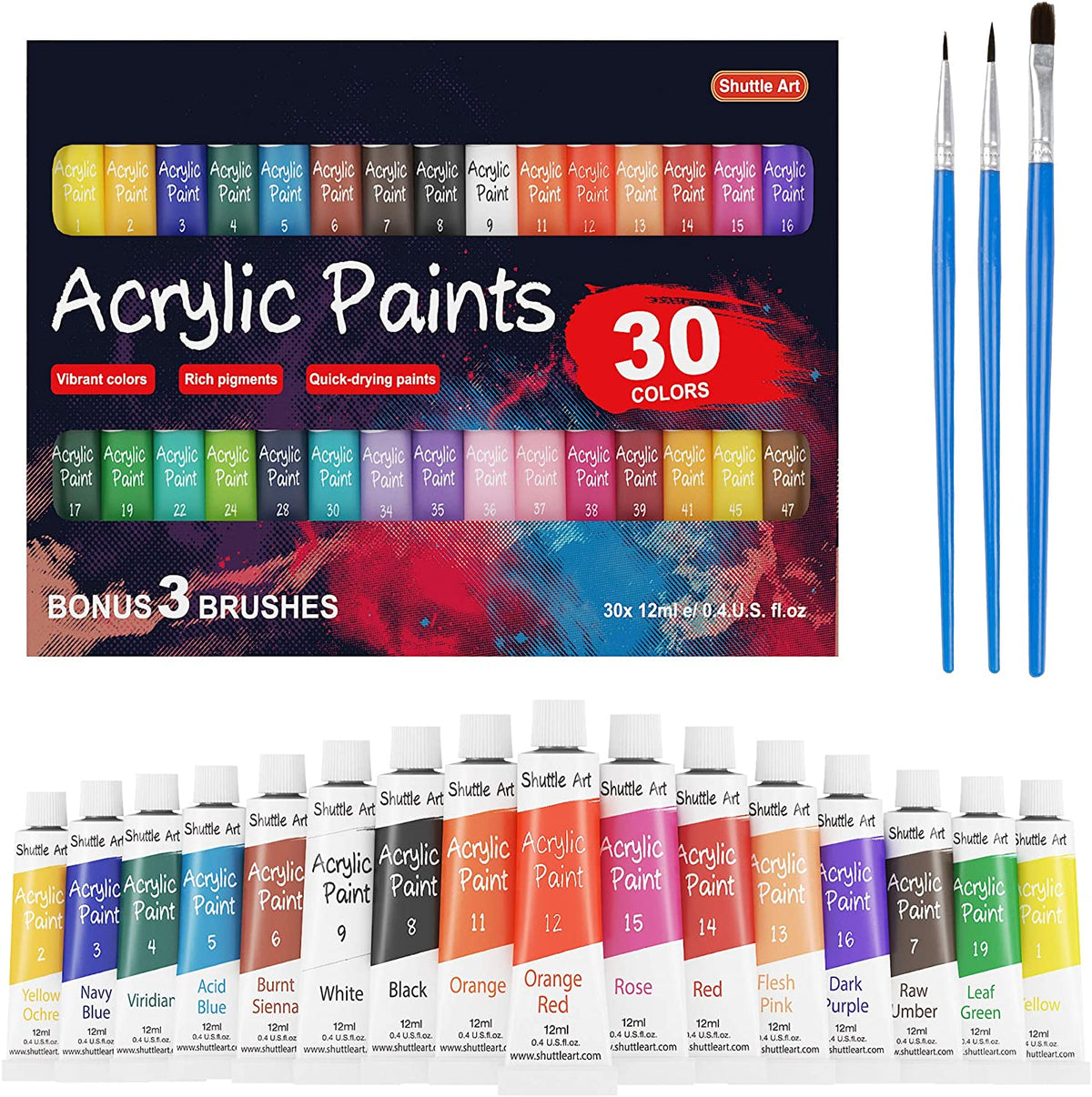 46 Pack Acrylic Paint Set, Shuttle Art 30 Colors Acrylic Paint