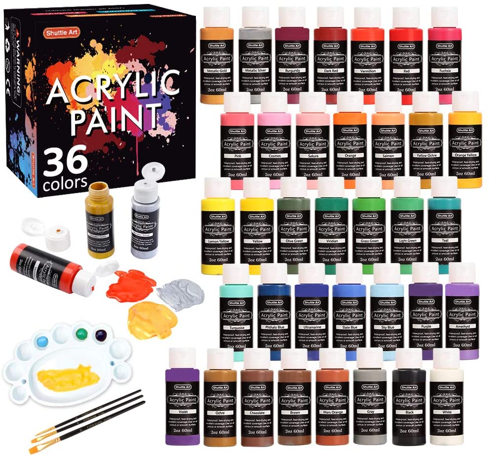 54 Colors Acrylic Paint, Shuttle Art Acrylic Paint Set with 12 Paint Brushes, 2oz/60ml Bottles, Rich Pigmented, Water Proof, Premium Paints for