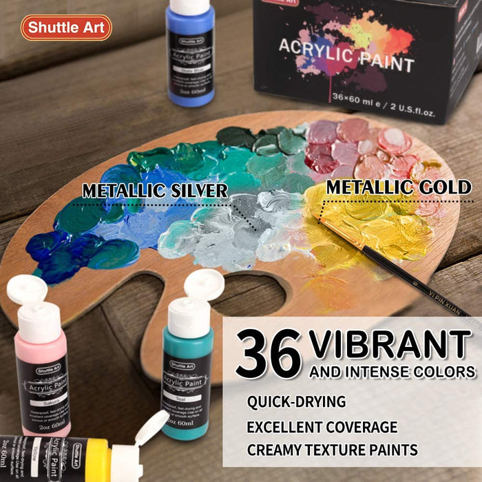 Shuttle Art 30 Colors Metallic Acrylic Paint Metallic Acrylic Paint with 10 Brushes and 1 Palette 60ml/2oz Rich Pigments Non-Toxic Art Paint for ARTIS