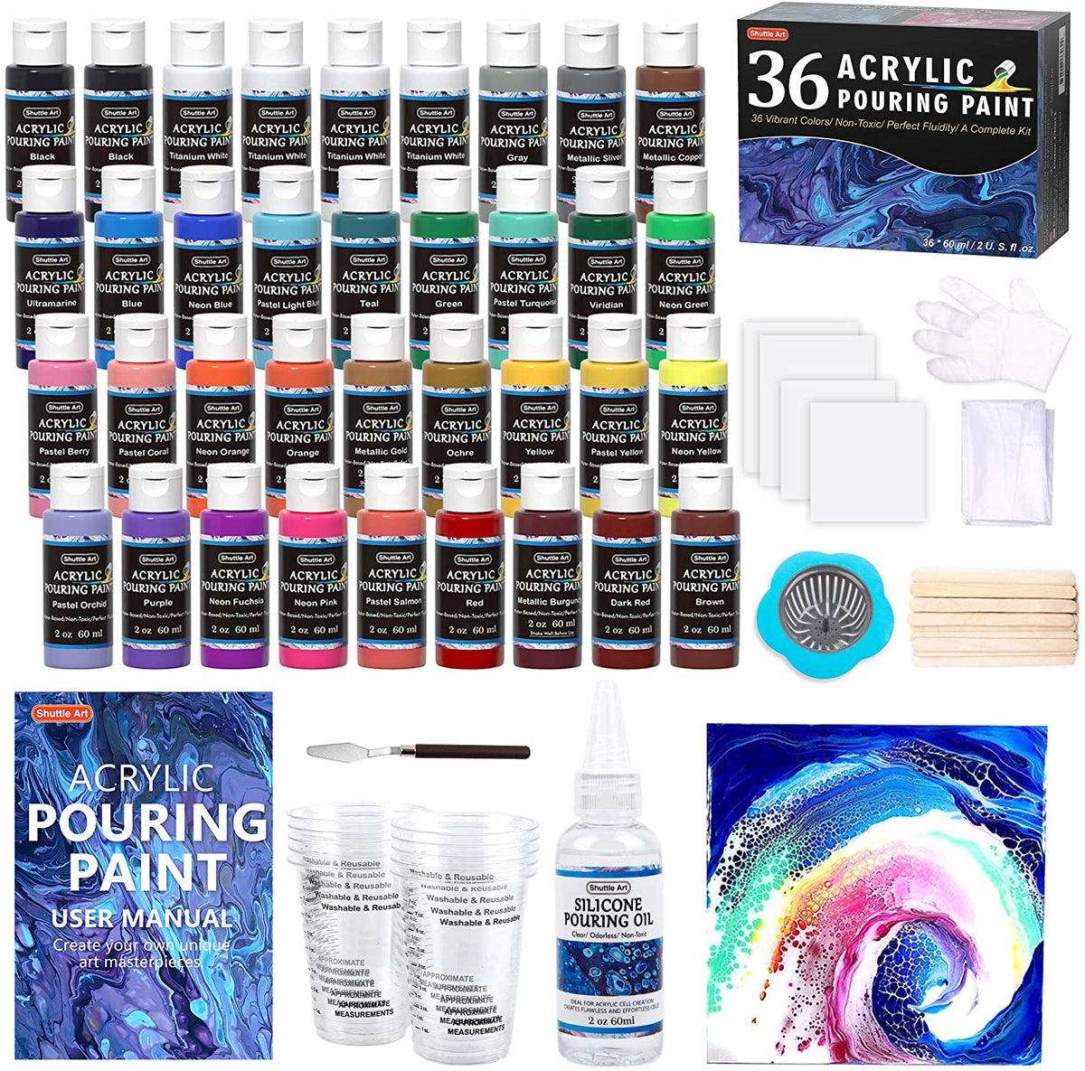 Acrylic Paint Set, Shuttle Art 36 Colors (60ml, 2oz) with 3 Brushes & 1  Palette, Craft painting, Rich Pigments,Non-Toxic for Artists,Beginners and  Kids on Rocks, Crafts, Canvas,Wood, Fabric 