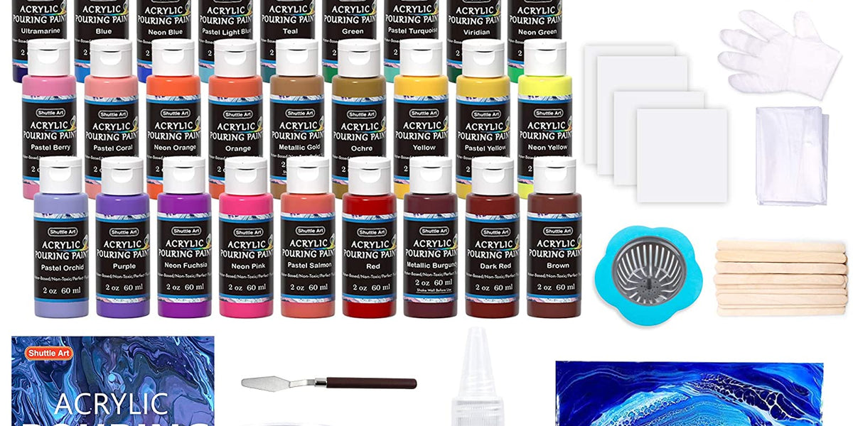 Acrylic Pouring Paint Set - 30 Basic, Neon, Metallic, and Pastel Colors -  Easy To Use & Ready To Pour Acrylic Paint for Canvas, Paper, Wood, and More
