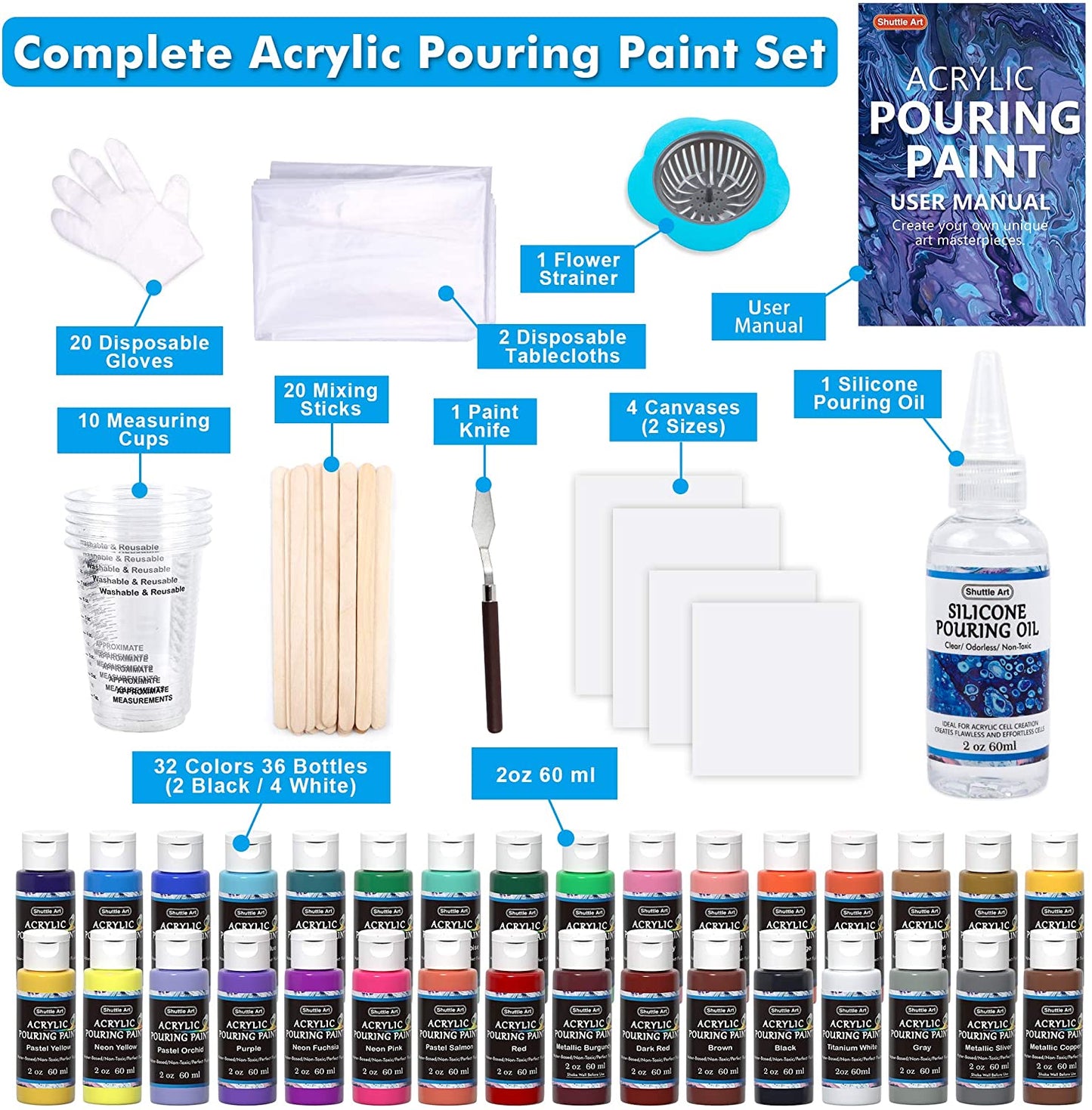 Acrylic Pouring Paint, 60ml Bottles- Set of 36