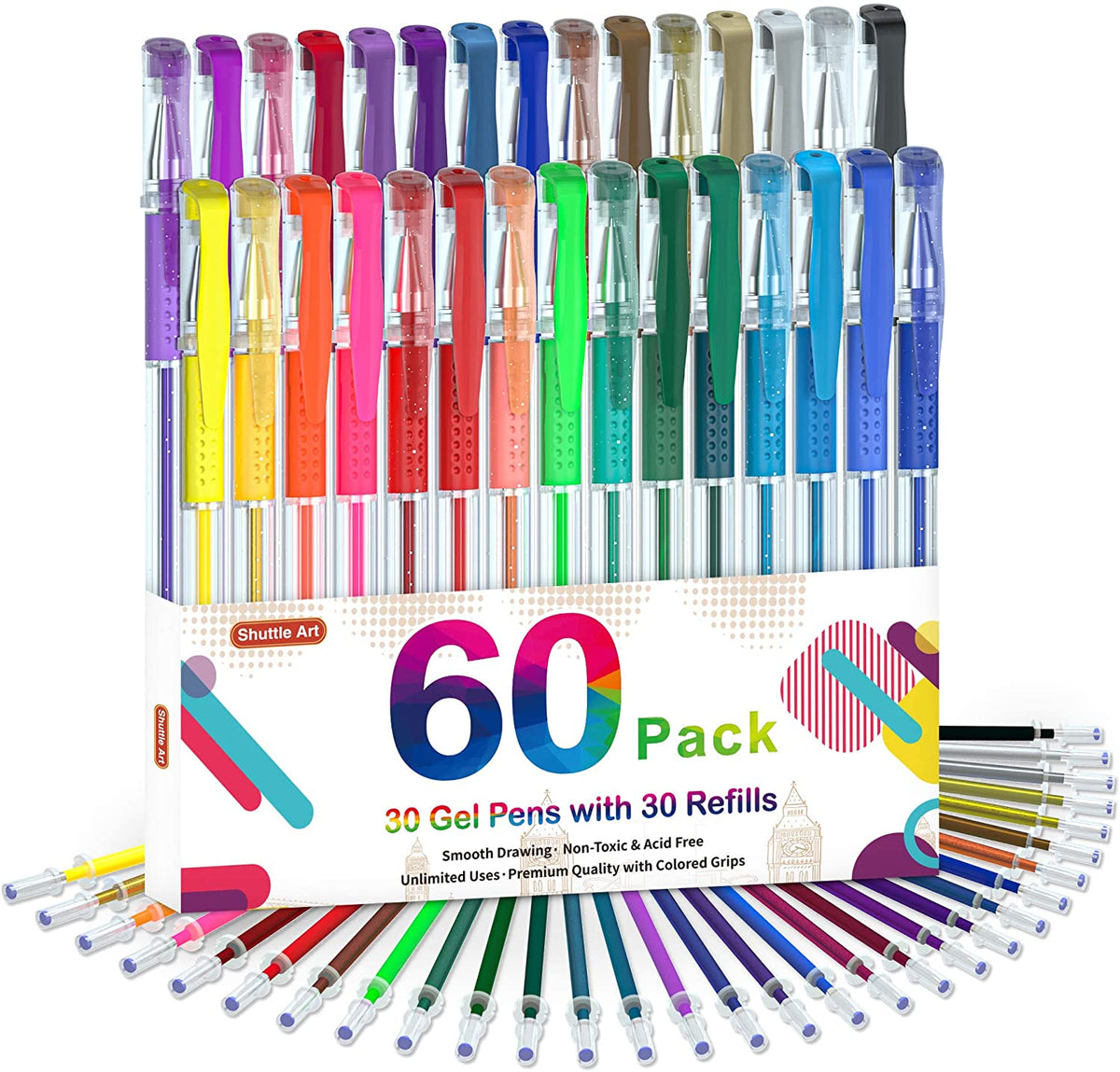Glitter Gel Pens,32-Color Neon Glitter Pens Fine Tip Art Markers Set  40%More Ink