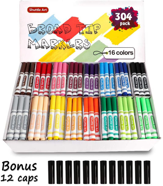 Washable Markers,16 Different Colors and Bonus 12 Caps - Set of 304