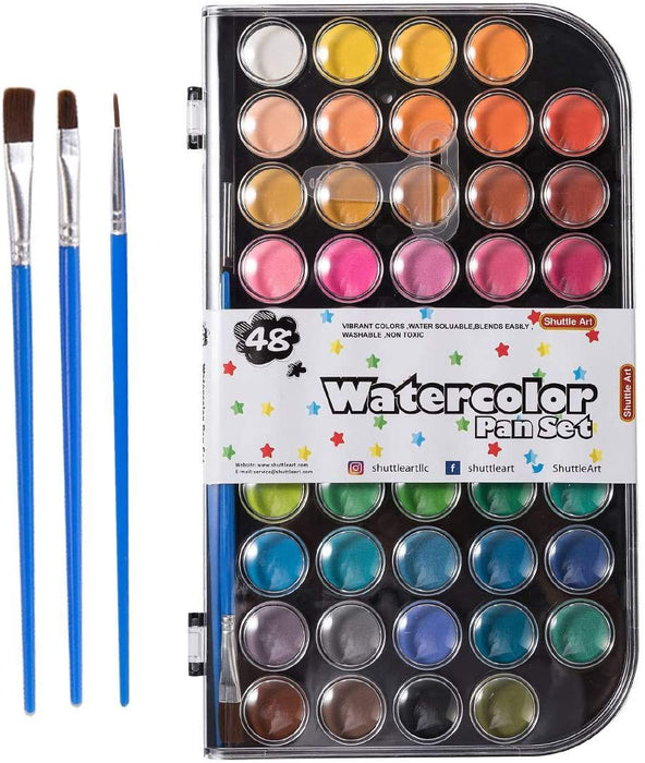 Metallic Watercolor Paints, Shuttle Art 24 Colors Glitter Watercolor Paint in Half Pans with Water Brush Pen Watercolor Pad &Mental Box, Art