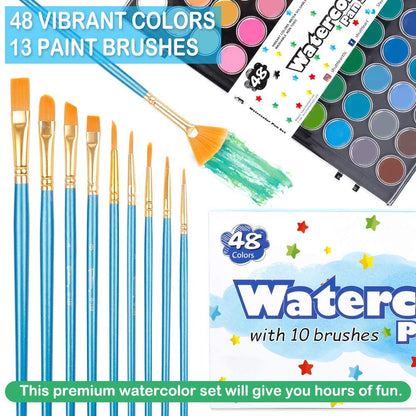 Watercolor Paint, 48 Colors Pan with 13 FREE paint brushes - Set of 61