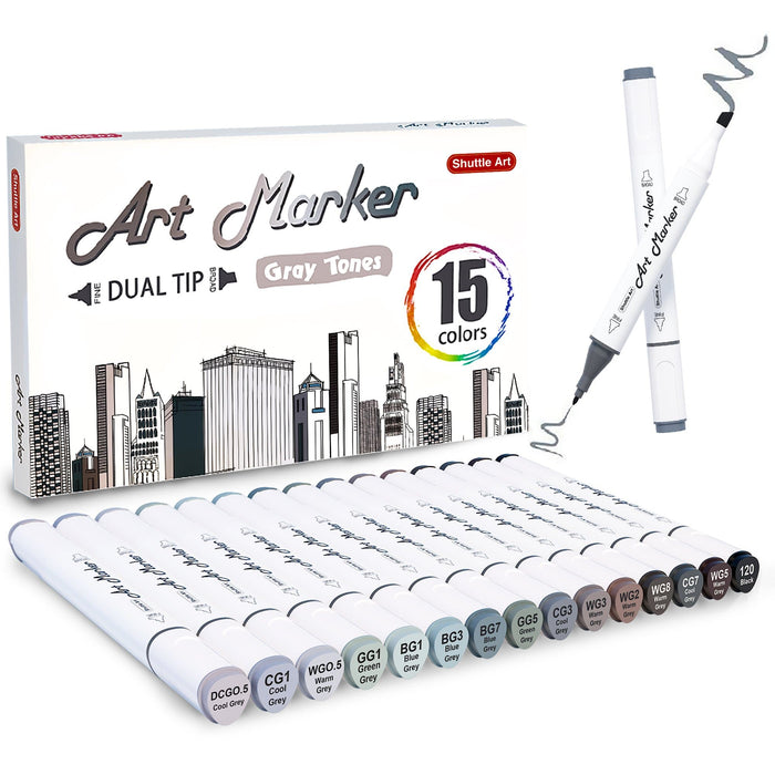 Grey Tones Dual Tip Art Marker - Set of 15