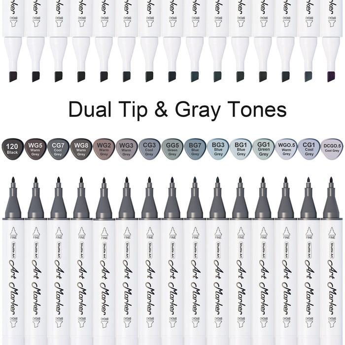 Grey Tones Dual Tip Art Marker - Set of 15